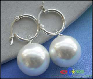 16MM WHITE ROUND SHELL PEARL DANGLE EARRING SILVER  