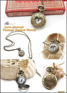 Antique Bronze love heart Necklace Pendant Chain Round Pocket Watch 