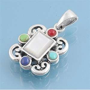   Silver Stone Pendant   Multi Color CZ and Mother of Pearl Jewelry
