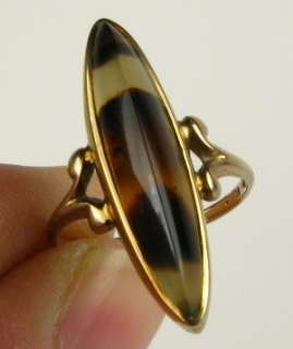   1890s 1.5ct Marquise Cut Moss Agate Solitaire 10k Yel Gold Ring 2.7g