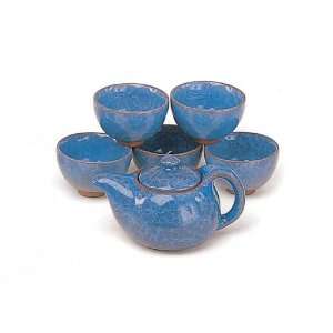 pc Japanese Tea Set   Crystal Blue Crackle with Terra Cotta Colored 