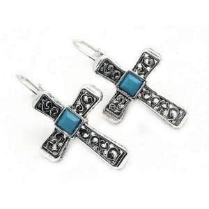 Silver Tone Filigree Euro Style Cross Earrings with Leverbacks and 