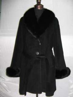O30 New black wool fox fur trim stroller jacket coat M  