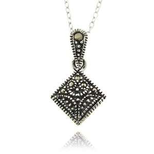    Sterling Silver Small Marcasite Square Charm Pendant Jewelry