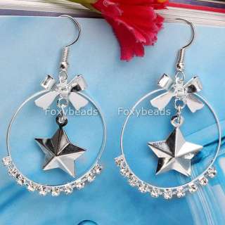 SILVER PLATED CIRCLE STAR BOW CRYSTAL HOOP EARRING PAIR  