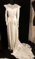 VINTAGE 1940S WHITE SATIN BEADED WEDDING GOWN DRESS  