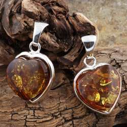 Sterling Silver Honey Amber Heart Earrings (Poland)  