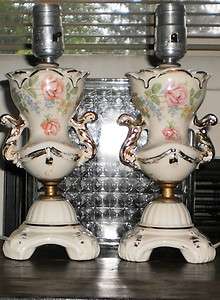 ANTIQUE SET OF BEDROOM LAMPS, IVORY GLASS WITH FLORAL PATTERN  