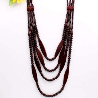 Handmade Brown Wooden Mixed Beads Necklace 4 row 28L~  