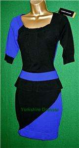 KAREN MILLEN £140 Black Blue MODERN KNIT BodyCon Dress  