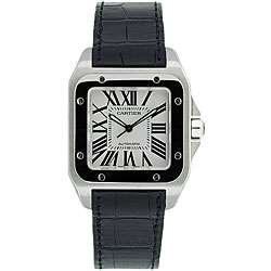 Cartier Mens Santos Black Leather Strap Watch  