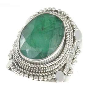  925 Sterling Silver Created EMERALD Ring, Size 7.5, 9.65g 