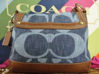 COACH~$378~DENIM SIGNATURE~BLUE WHISKEY ALI LEGACY BROWN LEATHER~GOLD 