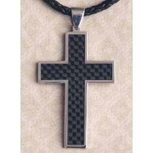  Cross  stainless steel & black leather cord mens necklace 