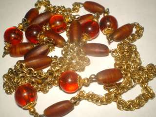Vint. sign HOBE PATENT Goldtone ROOTBEER BEAD Necklace  