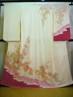 A525D Vintage Japanese Kimono HOUMONGI Off White/Rose Pink Silk  