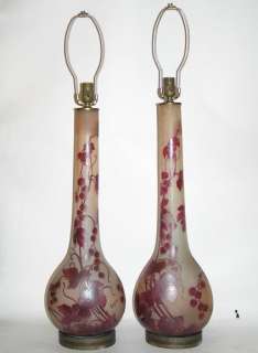 Pair Matching French Legras Cameo Glass Table Lamps  