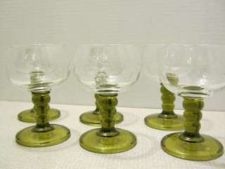   Vintage Spool Stemmed Etched Glass Goblets, Green Stem, Clear Bowl