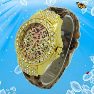   Leopard Leather Crystal Golden Dial Ladies Women Wrist Watch M688J