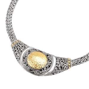 925 Silver Hammered Circle Pendant Necklace with 18k Gold Accents  18 