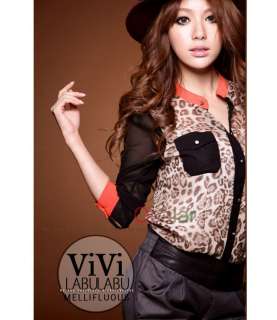 Fashion Stand Up Collar Leopard Print Chiffon Shirt Blouse Tops Long 