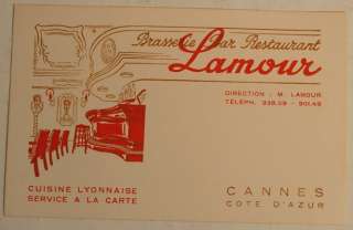 LAMOUR BAR RESTAURANT CANNES FRANCE ADVERTISING CARD  