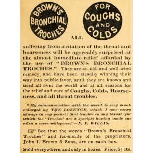  1885 Ad John I. Browns Bronchial Troches Coughs Colds 