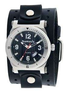 NEMESIS BLACK WIDE BAND LEATHER DATE STAMP CUFF WATCH  