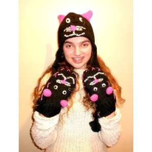 Black Cat Hat with Scarf and Mittens Attached