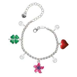 Hot Pink and Purple Plumeria Flower Love & Luck Charm Bracelet with 