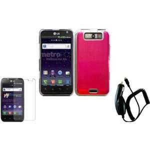  Hot Pink Metal Case Cover+LCD Screen Protector+Car Charger 