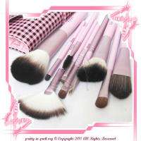   10 pc cosmetic makeup brush Pink checkered case kit brushes set  