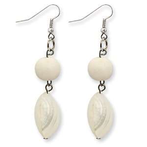  Silver Tone Silver Mouth Shell & White Wood Aster Dangle 