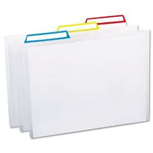   tear and moisture resistant clear poly.   Holds up to 50 sheets of