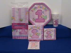 GIRLS 1ST FIRST BIRTHDAY PARTY SET INVITATIONS TABLECOVER PLATES 