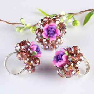 AB Crystal Glass Polymer Clay Flower Rose Finger Rings  