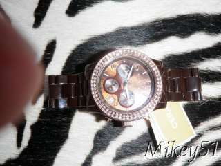 NEW MICHALE KORS CHOCOLATE CERAMIC WATCH WITH ROSE GOLD CRYSTAL BEZEL 