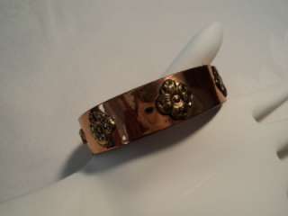 Vintage Hinged Bangle Bracelet Copper Brass Flower Appliques Beautiful 