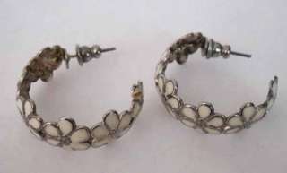 Vintage White Enamel Silver Tone Floral Hoop Earrings  