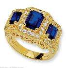 FindingKing Ster Silver Gold Plated CZ & Sapphire 3 Stone Ring Sz7