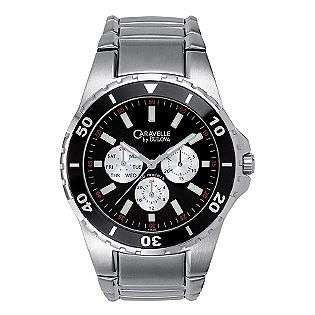 Mens White Tone Sport Watch with Black Dial and Link Band  Caravelle 