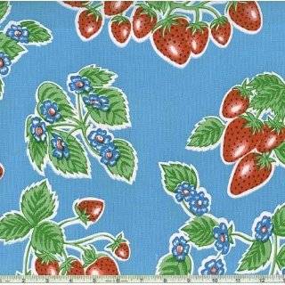 47 Wide Oil Cloth Strawberries Blue Fabric By The Yard