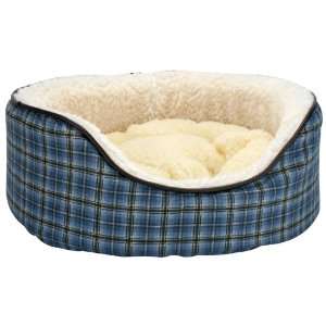   Posh Plaid Oval Dog Bed   Leather Trim   28 x 43 in.   Blue Pet