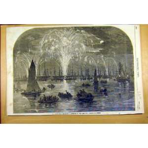   1856 Naval Review Illumination Fleet Ships Old Print
