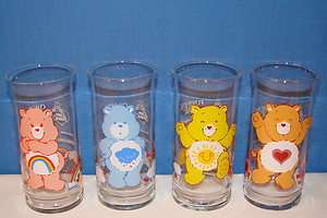vintage 1983 CARE BEAR carebear GLASS SET of 4 from PIZZA HUT  