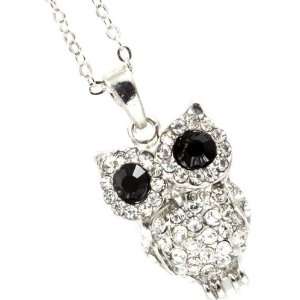 Gorgeous Clear Crystal Embellished Owl Pendant and Necklace   Silver 