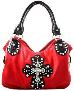   Rhinestone Cross Stud Accent Oversized Hobo Purse Handbag Red  