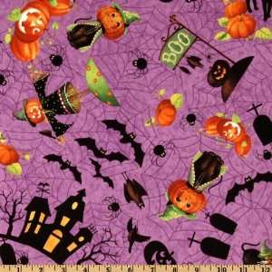  44 Wide Happy Haunting Cats & Pumpkins Lilac Fabric By 