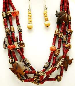 CHUNKY RED BROWN WOOD Elephant NECKLACE EARRINGS Set  