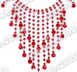 red rhinestone crystal fringe necklace earrring set w16028